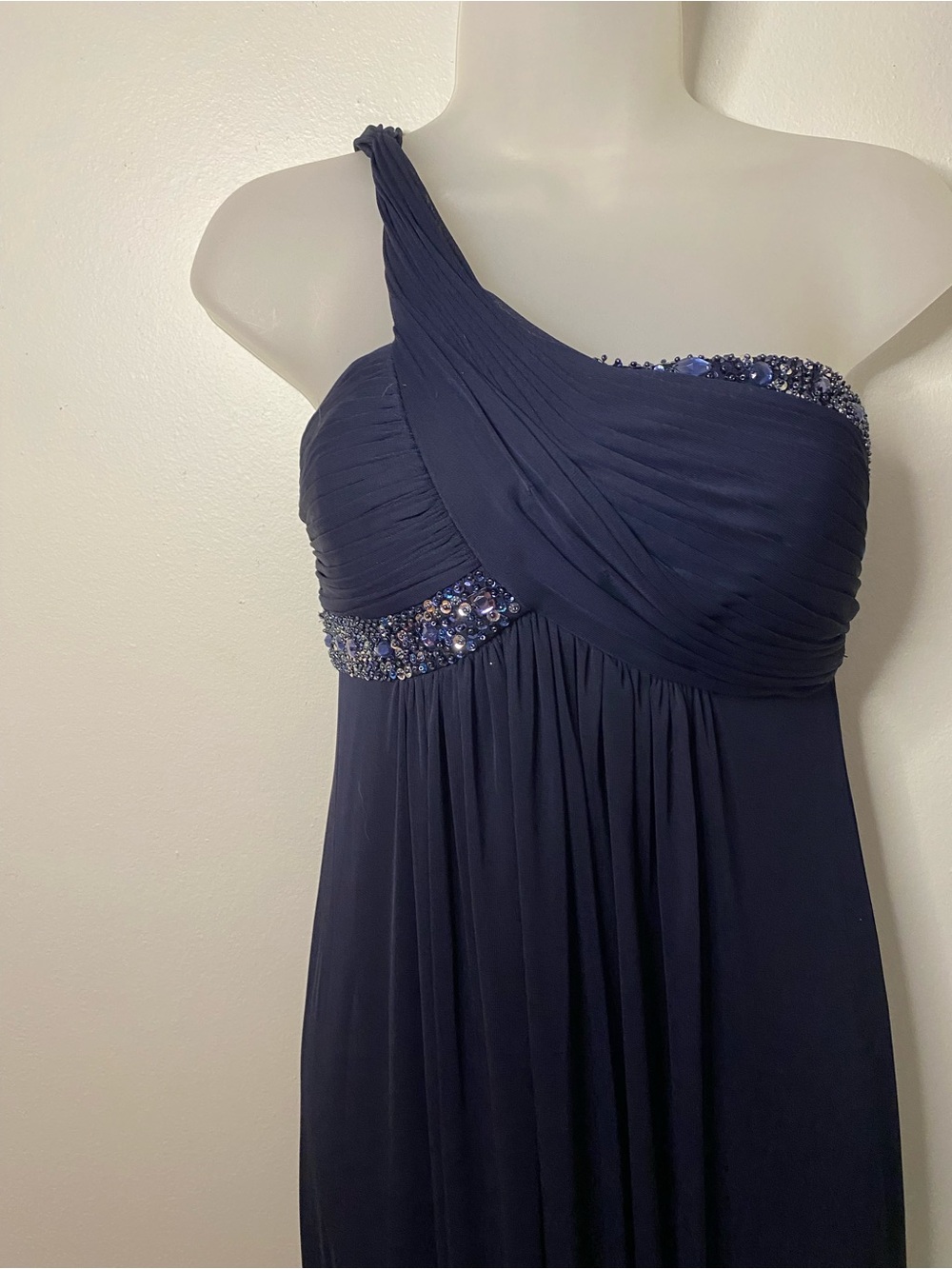 Cache Navy One-Shoulder Evening Gown with Beaded Waist